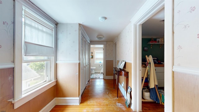 27 School St, Absecon, NJ 08201 - hallway featuring wallpapered walls, light wood-type flooring, and baseboards