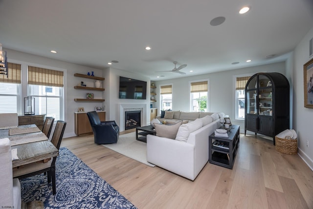 3708 Westminster Ln, Ocean City, NJ 08226 - living area with light wood-style flooring, a ceiling fan, recessed lighting, a fireplace, and baseboards
