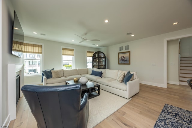 3708 Westminster Ln, Ocean City, NJ 08226 - living room with baseboards, light wood-style floors, recessed lighting, stairway, and a ceiling fan