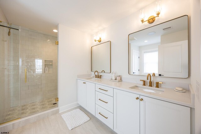 3708 Westminster Ln, Ocean City, NJ 08226 - full bathroom featuring double vanity, a shower stall, and recessed lighting