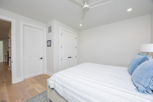 3708 Westminster Ln, Ocean City, NJ 08226 - bedroom featuring light wood finished floors, recessed lighting, ceiling fan, baseboards, and a closet