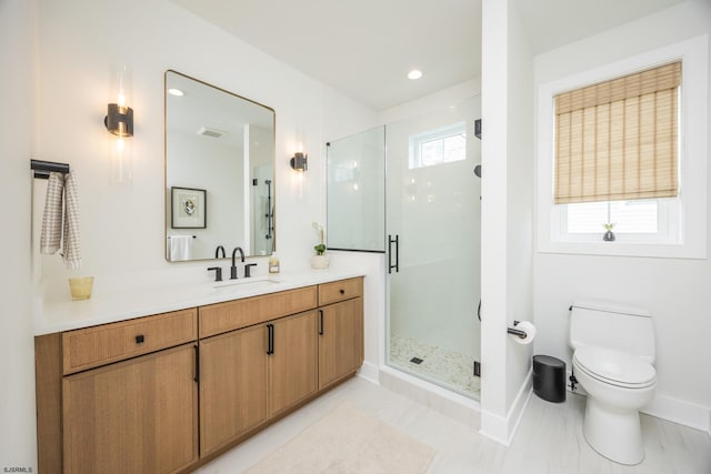 3708 Westminster Ln, Ocean City, NJ 08226 - bathroom featuring vanity, a shower stall, toilet, baseboards, and recessed lighting