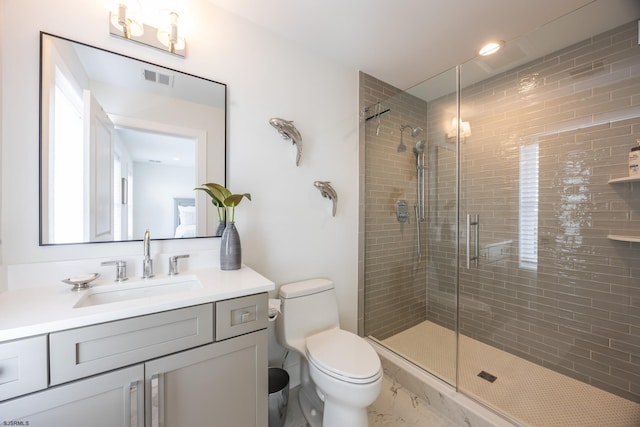 3708 Westminster Ln, Ocean City, NJ 08226 - bathroom with vanity, a shower stall, toilet, and marble look tiles