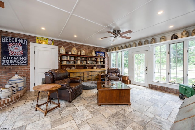3065 N Rte 9, Ocean View, NJ 08230 - living area featuring stone tile flooring, a ceiling fan, recessed lighting, and brick wall