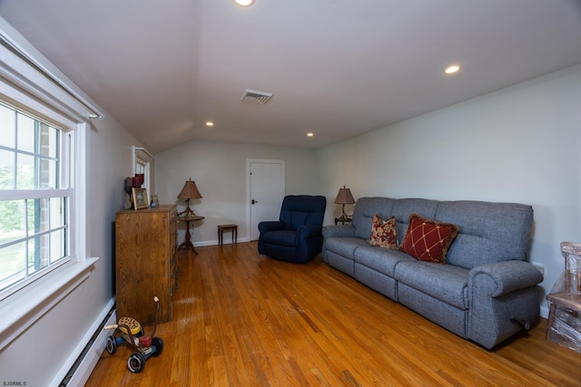 3065 N Rte 9, Ocean View, NJ 08230 - living area featuring a baseboard radiator, light wood finished floors, lofted ceiling, and recessed lighting