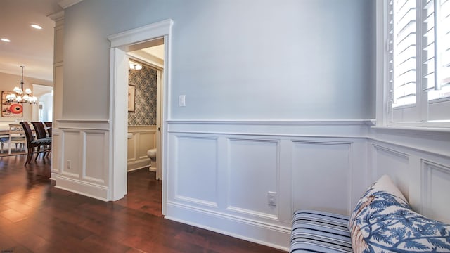 8904 Ventnor Ave, Margate, NJ 08402 - living area featuring a decorative wall, a wainscoted wall, a chandelier, recessed lighting, and dark wood-style flooring