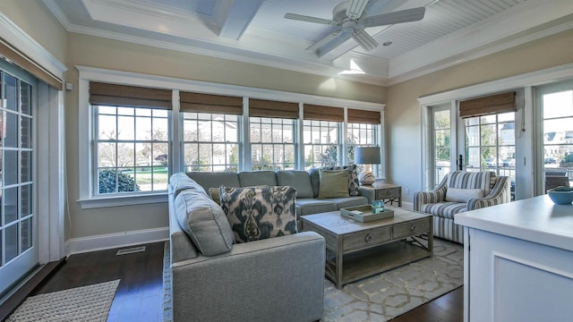 8904 Ventnor Ave, Margate, NJ 08402 - living room featuring healthy amount of natural light, dark wood-style floors, crown molding, ceiling fan, and baseboards