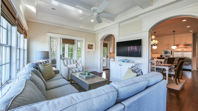 8904 Ventnor Ave, Margate, NJ 08402 - living room with arched walkways, dark wood-style floors, a ceiling fan, ornamental molding, and recessed lighting