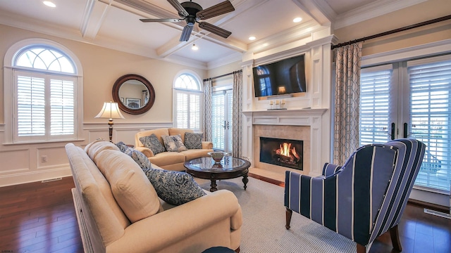 8904 Ventnor Ave, Margate, NJ 08402 - living area featuring dark wood-style flooring, a decorative wall, crown molding, ceiling fan, and beam ceiling