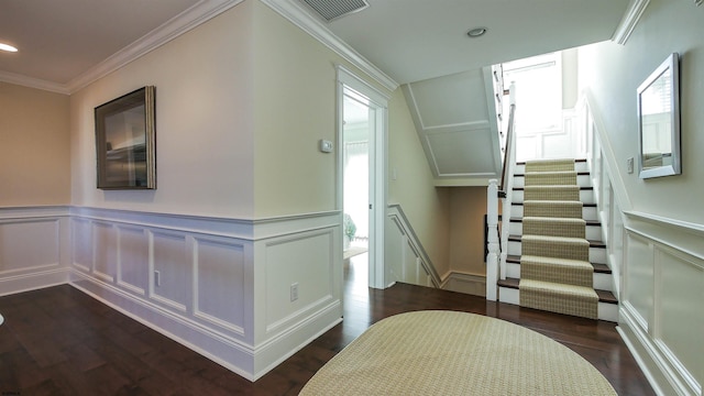 8904 Ventnor Ave, Margate, NJ 08402 - corridor featuring a decorative wall, ornamental molding, wainscoting, an upstairs landing, and dark wood finished floors