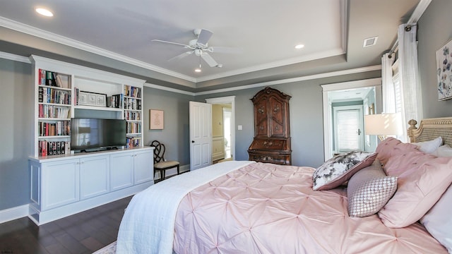 8904 Ventnor Ave, Margate, NJ 08402 - bedroom with dark wood-type flooring, crown molding, recessed lighting, a ceiling fan, and a raised ceiling
