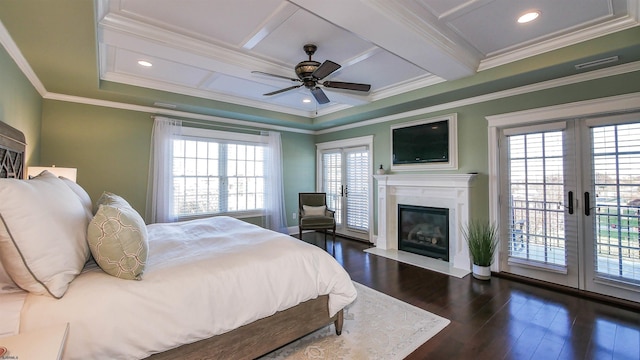 8904 Ventnor Ave, Margate, NJ 08402 - bedroom featuring a high end fireplace, french doors, access to exterior, ornamental molding, and coffered ceiling
