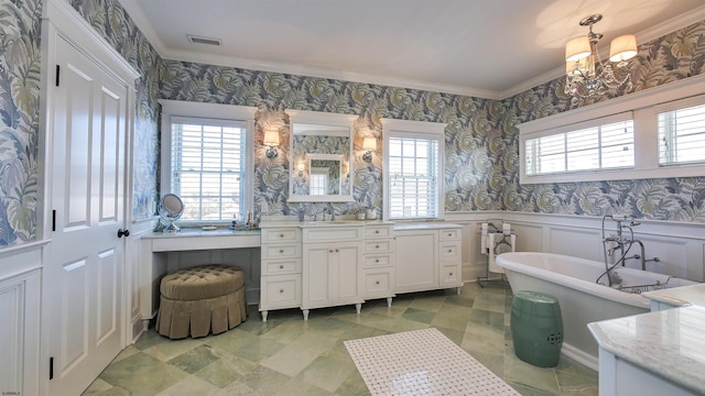 8904 Ventnor Ave, Margate, NJ 08402 - full bathroom with wallpapered walls, a freestanding bath, vanity, a chandelier, and ornamental molding