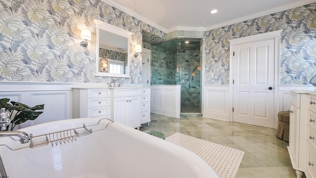 8904 Ventnor Ave, Margate, NJ 08402 - full bathroom with ornamental molding, wallpapered walls, vanity, a decorative wall, and a shower stall