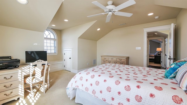 8904 Ventnor Ave, Margate, NJ 08402 - bedroom featuring lofted ceiling, light carpet, recessed lighting, a desk, and ceiling fan