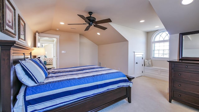 8904 Ventnor Ave, Margate, NJ 08402 - bedroom featuring vaulted ceiling, light colored carpet, recessed lighting, and ceiling fan