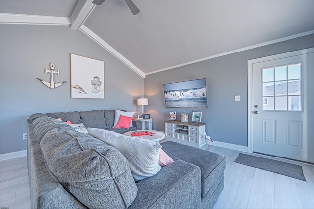 3 Schooner Cv Unit B, Brigantine, NJ 08203 - living room with ornamental molding, baseboards, wood finished floors, and a ceiling fan