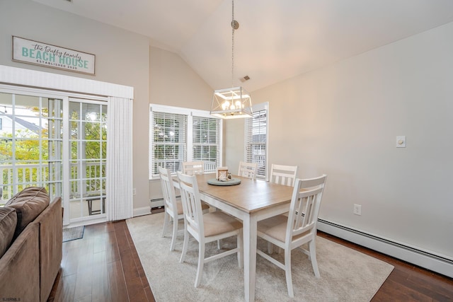 1525 Asbury Ave Unit B, Ocean City, NJ 08226 - dining space with a baseboard radiator, a chandelier, dark wood-style floors, high vaulted ceiling, and baseboards