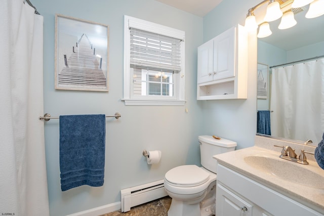 1525 Asbury Ave Unit B, Ocean City, NJ 08226 - bathroom with a baseboard heating unit, toilet, vanity, baseboards, and a shower with shower curtain