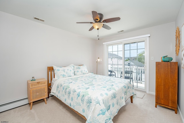 1525 Asbury Ave Unit B, Ocean City, NJ 08226 - bedroom featuring baseboard heating, access to exterior, light colored carpet, a ceiling fan, and baseboards