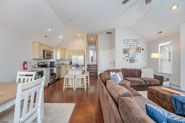 1525 Asbury Ave Unit B, Ocean City, NJ 08226 - living area featuring vaulted ceiling, dark wood finished floors, ceiling fan, and baseboard heating