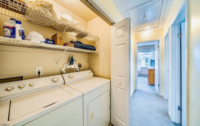 18 E 14th St Unit 2, Ocean City, NJ 08226 - laundry area featuring washing machine and clothes dryer, attic access, and light colored carpet