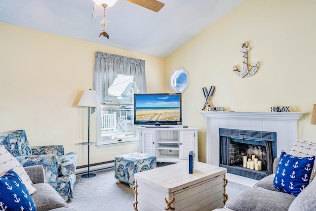 18 E 14th St Unit 2, Ocean City, NJ 08226 - carpeted living room featuring vaulted ceiling, a tile fireplace, and ceiling fan