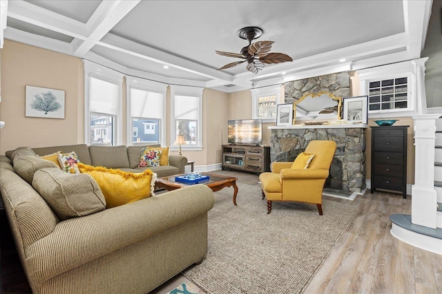 7 N Surrey Ave, Ventnor, NJ 08406 - living room with a ceiling fan, wood finished floors, recessed lighting, and beamed ceiling