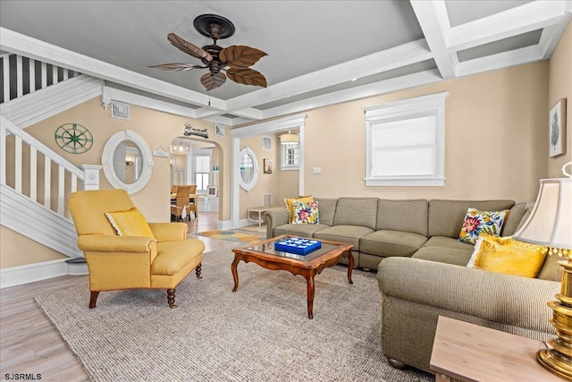7 N Surrey Ave, Ventnor, NJ 08406 - living room with ceiling fan, baseboards, wood finished floors, coffered ceiling, and beam ceiling