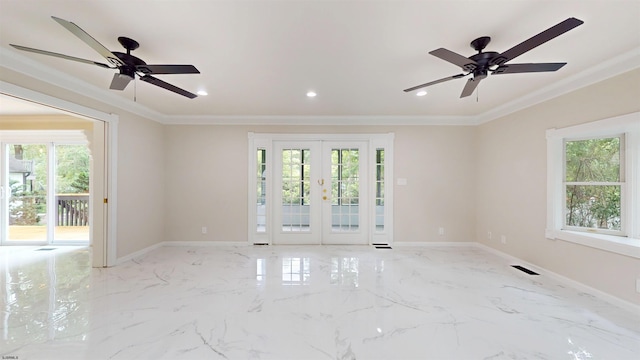 254 W Cologne Port Republic Rd, Egg Harbor City, NJ 08215 - empty room featuring french doors, crown molding, baseboards, recessed lighting, and a ceiling fan