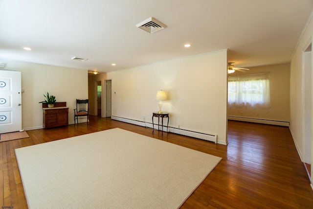 2044 Cedarbridge Rd, Northfield, NJ 08225 - living area featuring baseboard heating, ceiling fan, dark wood-style floors, recessed lighting, and baseboards
