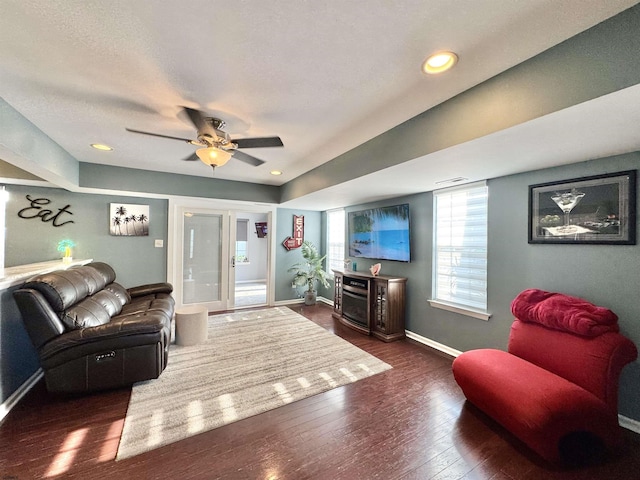 243 Churchill Dr, Egg Harbor Township, NJ 08234 - living room featuring ceiling fan, baseboards, and dark wood finished floors