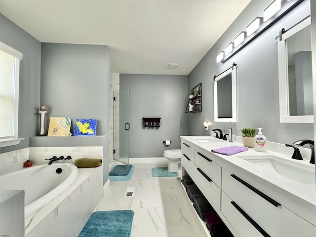 243 Churchill Dr, Egg Harbor Township, NJ 08234 - full bath featuring marble finish flooring, toilet, a bath, a stall shower, and double vanity