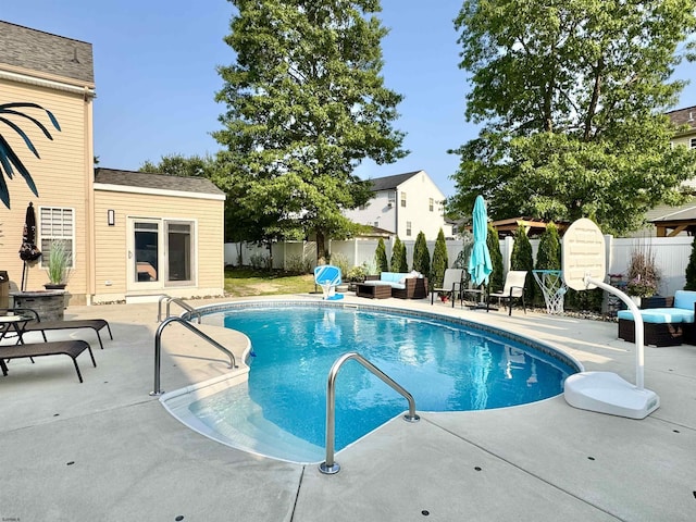 243 Churchill Dr, Egg Harbor Township, NJ 08234 - view of pool featuring an outdoor living space, a patio area, and a fenced backyard