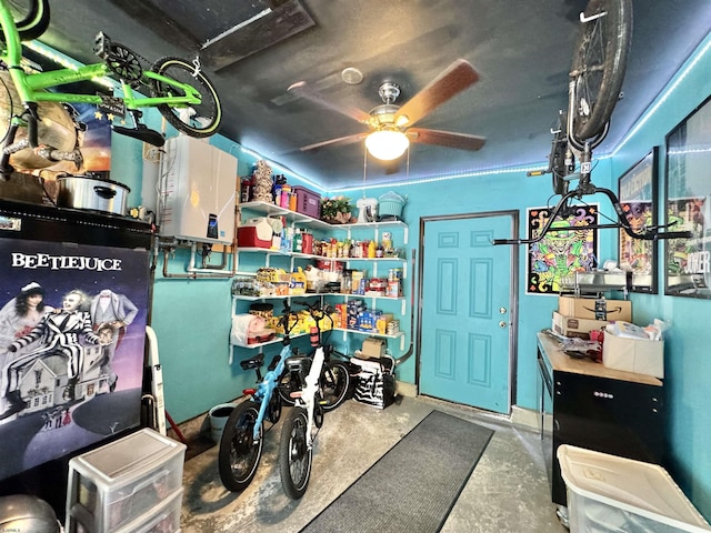 243 Churchill Dr, Egg Harbor Township, NJ 08234 - miscellaneous room featuring tankless water heater, unfinished concrete floors, and a ceiling fan
