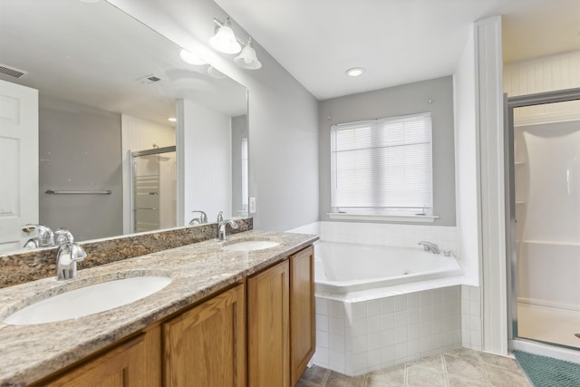 15 Gallant Fox Ln, Egg Harbor Township, NJ 08234 - full bathroom featuring a shower stall, a tub with jets, double vanity, and tile patterned floors