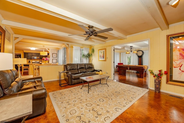 5 Edward Ter, Upper Township, NJ 08230 - living room with beamed ceiling, a ceiling fan, billiards table, and baseboards