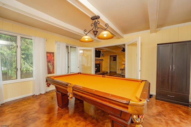5 Edward Ter, Upper Township, NJ 08230 - rec room with beam ceiling, billiards, a ceiling fan, concrete flooring, and a fireplace
