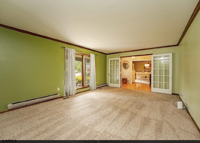 5 Edward Ter, Upper Township, NJ 08230 - spare room featuring baseboard heating, french doors, ornamental molding, carpet, and baseboards