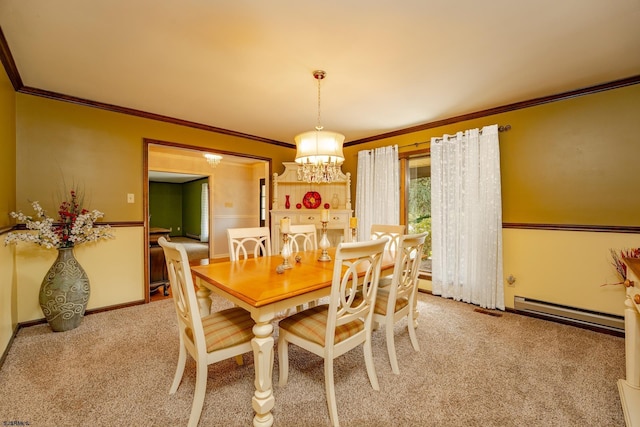 5 Edward Ter, Upper Township, NJ 08230 - dining room featuring a baseboard radiator, a chandelier, light colored carpet, and crown molding