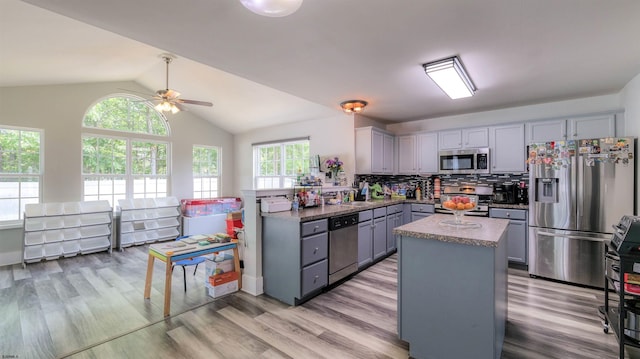 206 Branch Hill Dr, Egg Harbor Township, NJ 08234 - kitchen with appliances with stainless steel finishes, gray cabinetry, ceiling fan, light wood-type flooring, and lofted ceiling