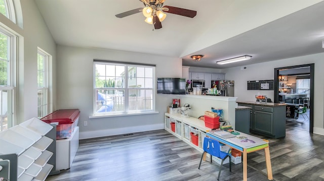 206 Branch Hill Dr, Egg Harbor Township, NJ 08234 - playroom featuring vaulted ceiling, wood finished floors, a ceiling fan, and baseboards