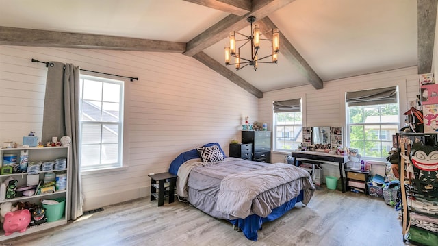206 Branch Hill Dr, Egg Harbor Township, NJ 08234 - bedroom featuring wood finished floors, a chandelier, and wood walls