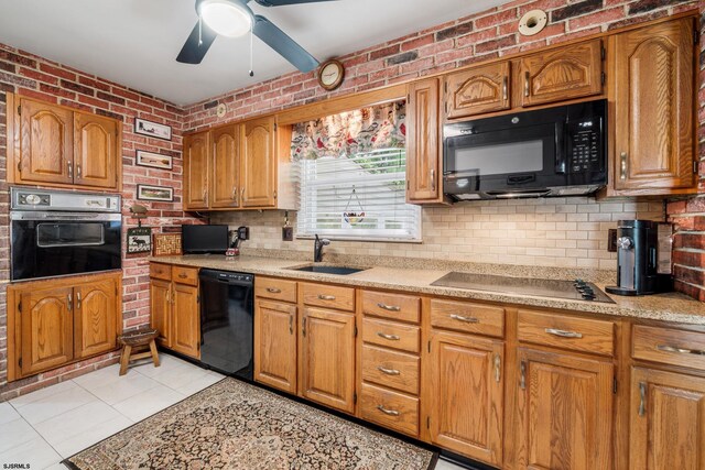 801 New York Ave, Absecon, NJ 08201 - kitchen with black appliances, a sink, light countertops, a ceiling fan, and brick wall