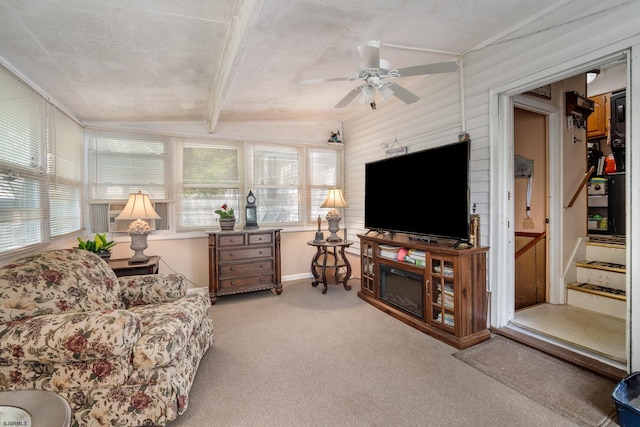 801 New York Ave, Absecon, NJ 08201 - living area featuring ceiling fan, healthy amount of natural light, carpet, beamed ceiling, and stairway