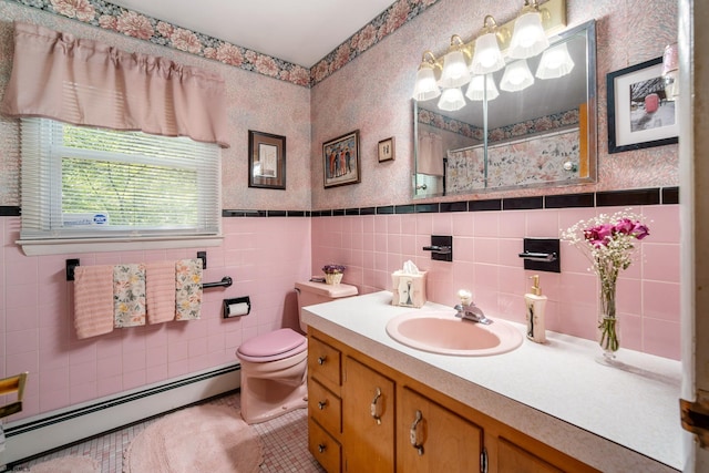801 New York Ave, Absecon, NJ 08201 - full bath featuring a baseboard radiator, a shower, vanity, toilet, and wallpapered walls