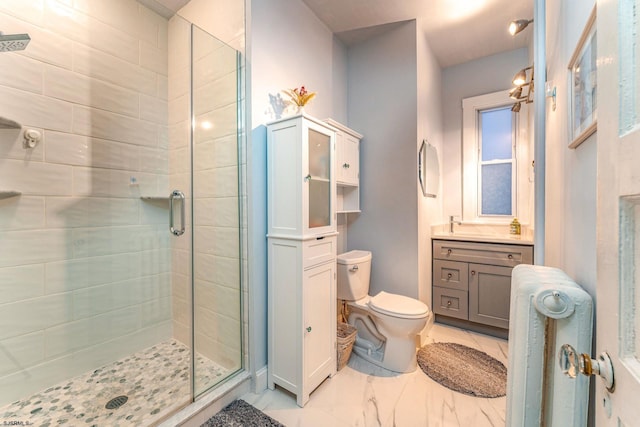 5003 Atlantic Ave Unit C04, Ventnor, NJ 08406 - bathroom with toilet, a stall shower, radiator heating unit, vanity, and marble look tile flooring
