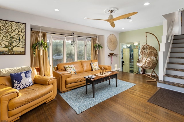 505 N Delavan Ave, Margate, NJ 08402 - living area featuring a ceiling fan, stairway, wood finished floors, and recessed lighting
