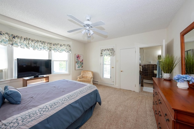 14 N Cambridge Ave, Ventnor, NJ 08406 - bedroom featuring a textured ceiling, light colored carpet, a baseboard radiator, and a ceiling fan