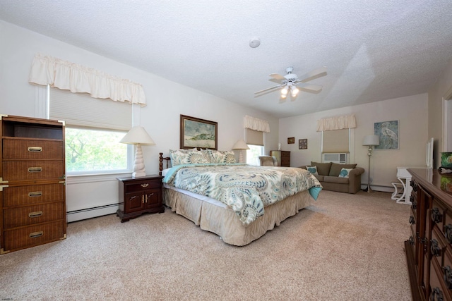 14 N Cambridge Ave, Ventnor, NJ 08406 - bedroom with a baseboard radiator, light carpet, a textured ceiling, and ceiling fan